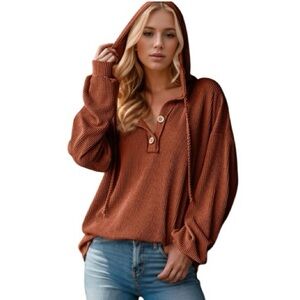 NWT Double Take Women’s Full Size Half Button Long Sleeve Hoodie Textured XL